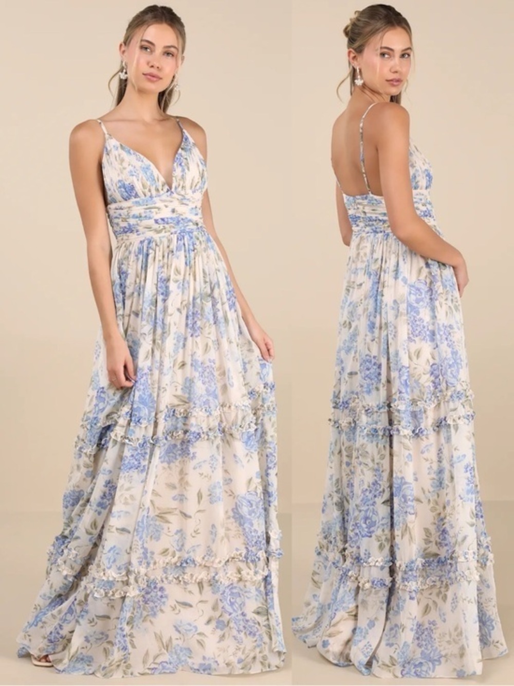 NWT Lulu’s Niora Beige and Blue Floral Pleated Maxi Dress Medium Large 2617071